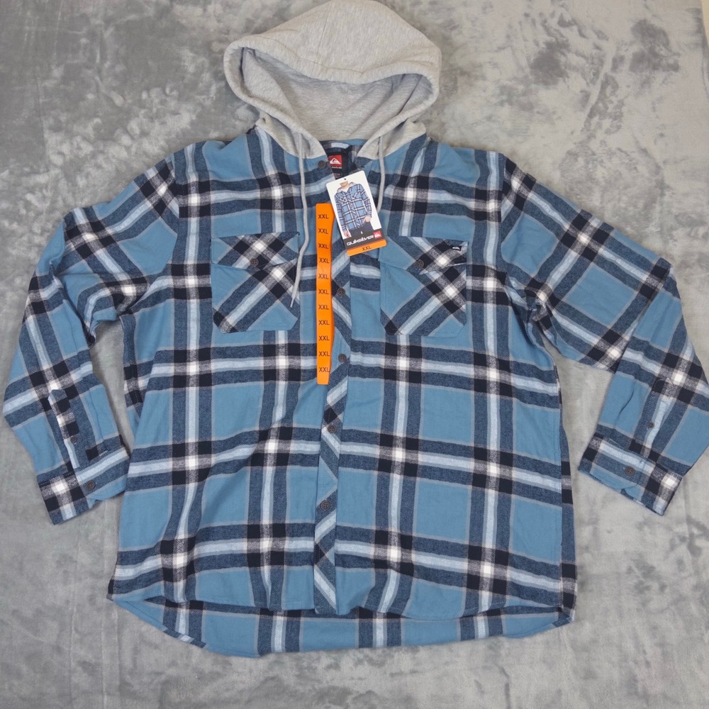 Quiksilver Hooded Flannel Shirt Mens XXL Blue Plaid Cotton Button Up New